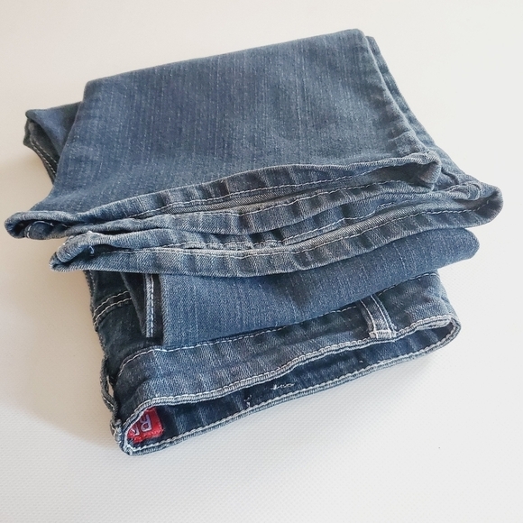 7240 * Red Rivet Embellished Pockets Dark Wash Denim Flare Jeans Size 13 - Picture 8 of 11